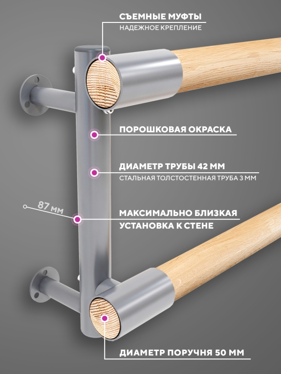 Настенный двухуровневый балетный станок Элегант HOME (Серебристый "Бриллиант" (RAL 9007 Г)) STECTER 517
