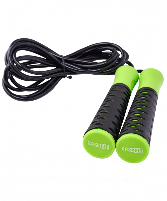 Скакалка RP-103 PVC, с нескользящей ручкой, 3.05 м, черный/зеленый, BASEFIT УТ-00019771