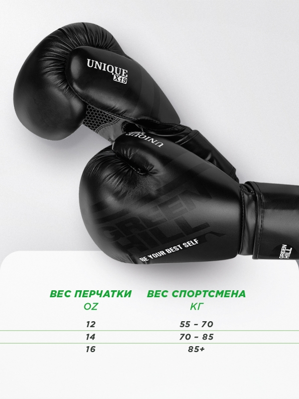 Боксерские перчатки UNIQUE черные Green Hill BGU-2308 16oz