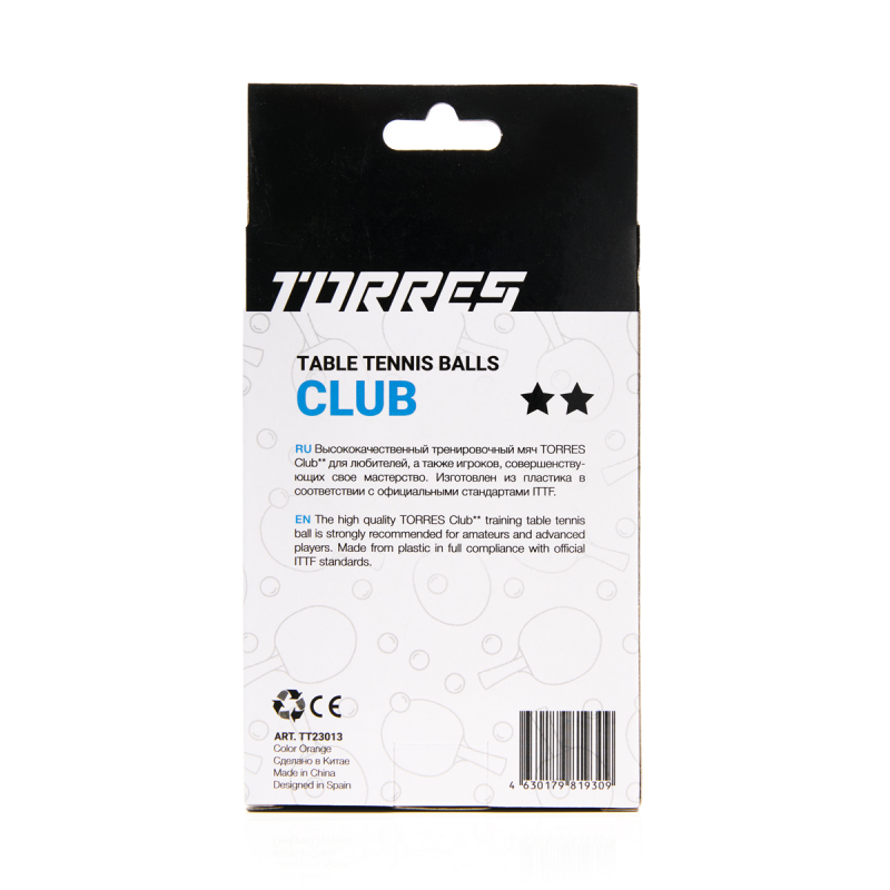 Мяч для наст. тенниса TORRES Club 2 ×, TT23013, диам. 40+ мм, упак. 6 шт, оранжевый