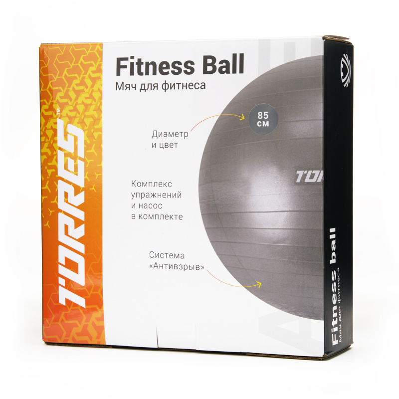 Мяч гимн. TORRES, FB122585, диам. 85 см, эласт. ПВХ, с защ.от взрыва, с насосом, серый