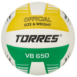 Мяч вол. TORRES VB 650, V32425, размер 5, синт.кожа полиуретан, клееный, бут.кам, бел-зелено-желт