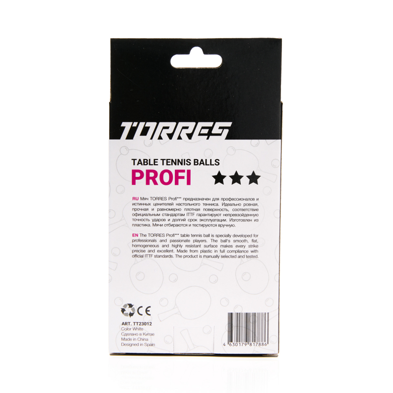 Мяч для наст. тенниса TORRES Profi 3 ×, TT23012, диам. 40+мм, упак. 6 шт, белый