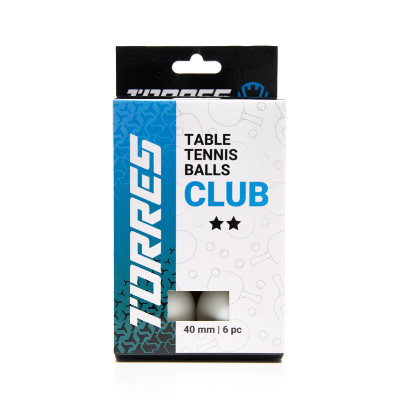 Мяч для наст. тенниса TORRES Club 2 ×, TT23014, диам. 40+мм, упак. 6 шт, белый