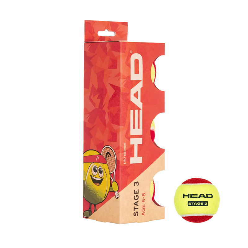 Мяч теннисный детский HEAD Stage 3 Red, 578433, уп.3 шт, фетр, нат.резина, желто-красный