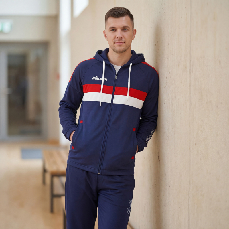 Костюм спорт. муж. с капюш. MIKASA MT550/701-083-M, размер M, 100% полиэстер, темносине-белый