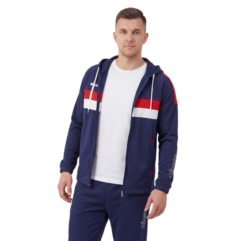 Костюм спорт. муж. с капюш. MIKASA MT550/701-083-L, размер L, 100% полиэстер, темносине-белый