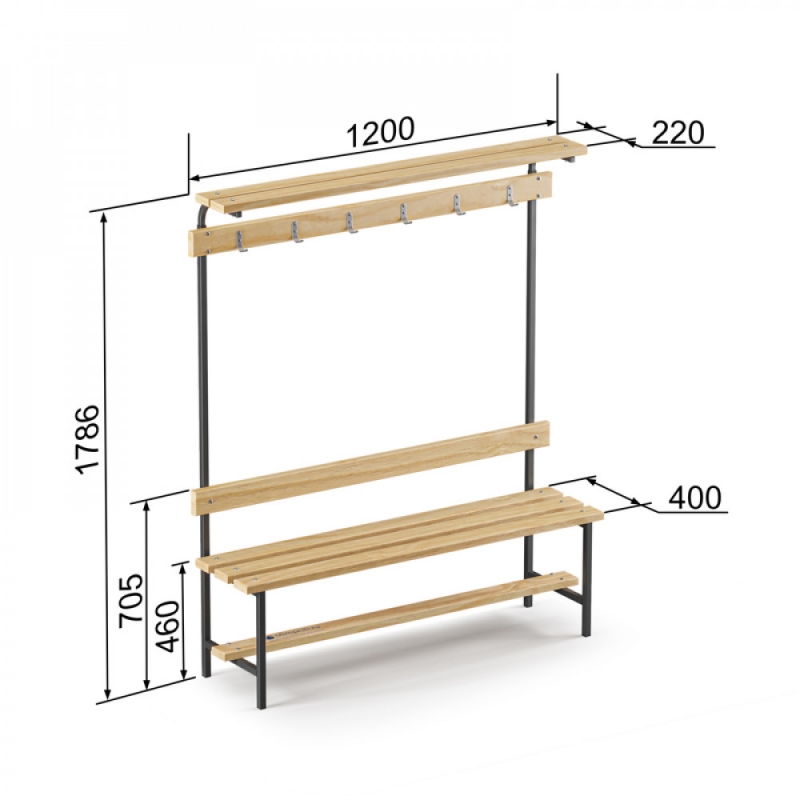 Скамейка с вешалкой для раздевалки с верхней полкой (L=1200)
