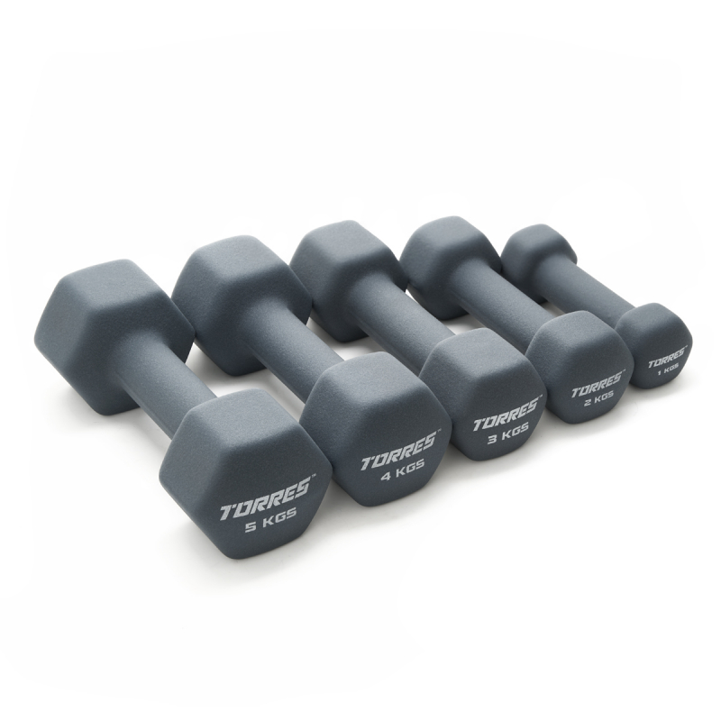 Гантель TORRES 5 кг, PL522505, металл в неопреновой оболочке, форма шестигранник, серый