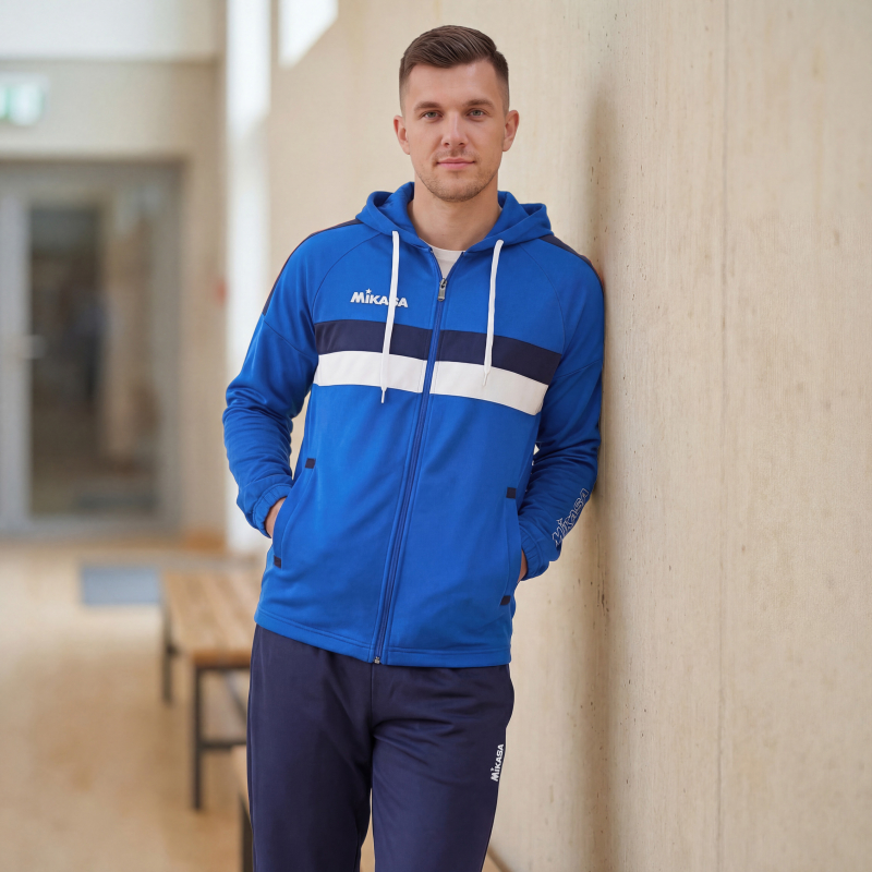 Костюм спорт. муж. с капюш. MIKASA MT550/151-0100-S, размер S, 100% полиэстер, сине-белый