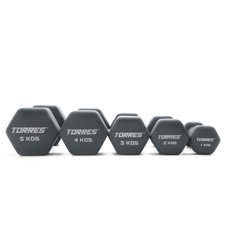 Гантель TORRES 5 кг, PL522505, металл в неопреновой оболочке, форма шестигранник, серый