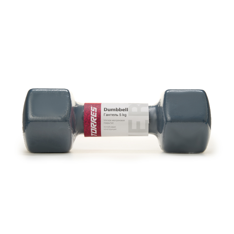 Гантель TORRES 5 кг, PL522505, металл в неопреновой оболочке, форма шестигранник, серый