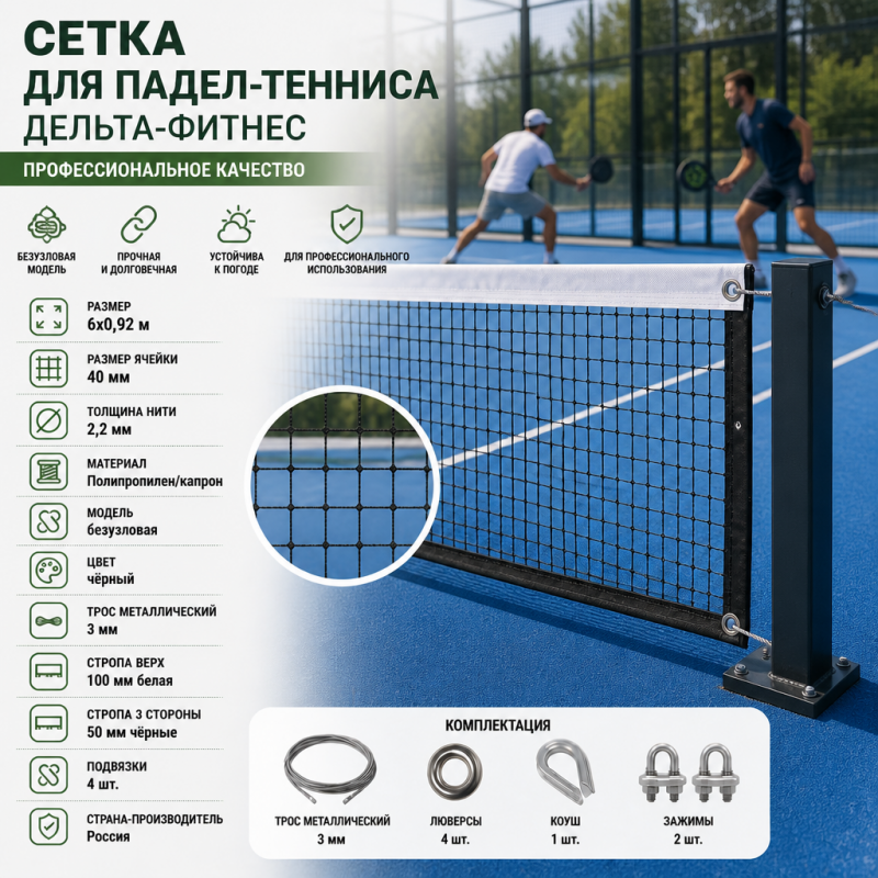 Сетка для Падел-тенниса, размер 6х0,92м, нить 2,2 мм